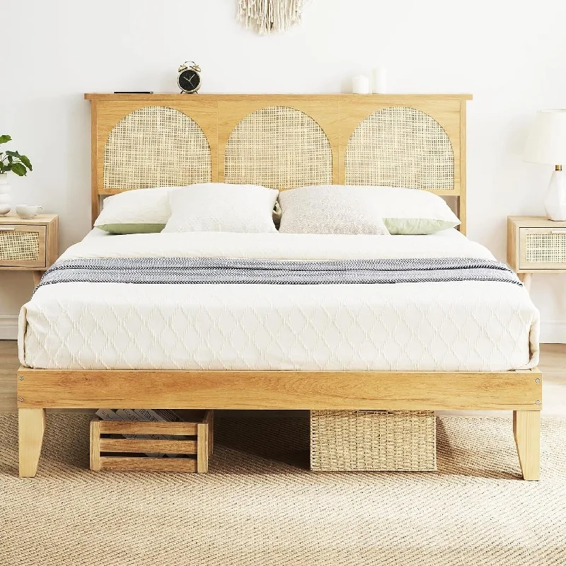 Bed Frame with Natural Rattan Headboard