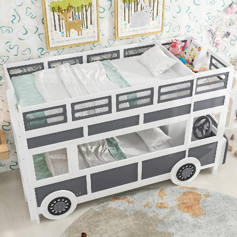 Bus Shaped Bunk Bed, Twin Over Twin Wood Bunk Bed Frame with Wheels