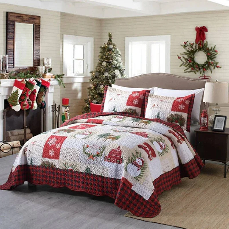 Christmas Quilt Set, Christmas Snowman Reversible Bedding Lightweight Bed Cover - 1 Quilt 2 Pillow Shams