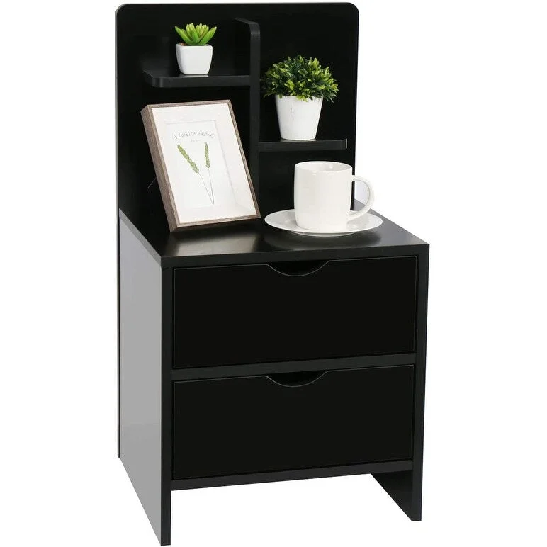 Contemporary 2-Drawer Black Nightstand Wooden