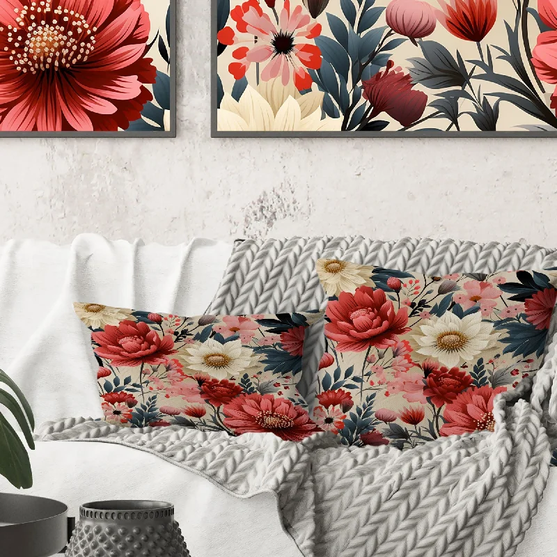 Designart "Ivory & Red Boho Chic Floral Pattern" Floral Printed Throw Pillow