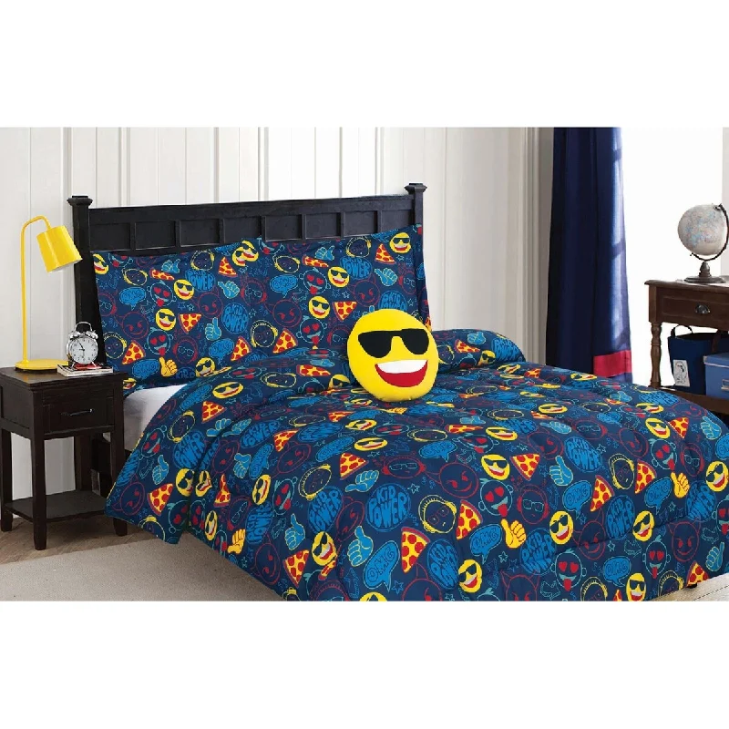 Emoji Navy Ultra Soft 4 PC Comforter Bedding Set With Wall Decals