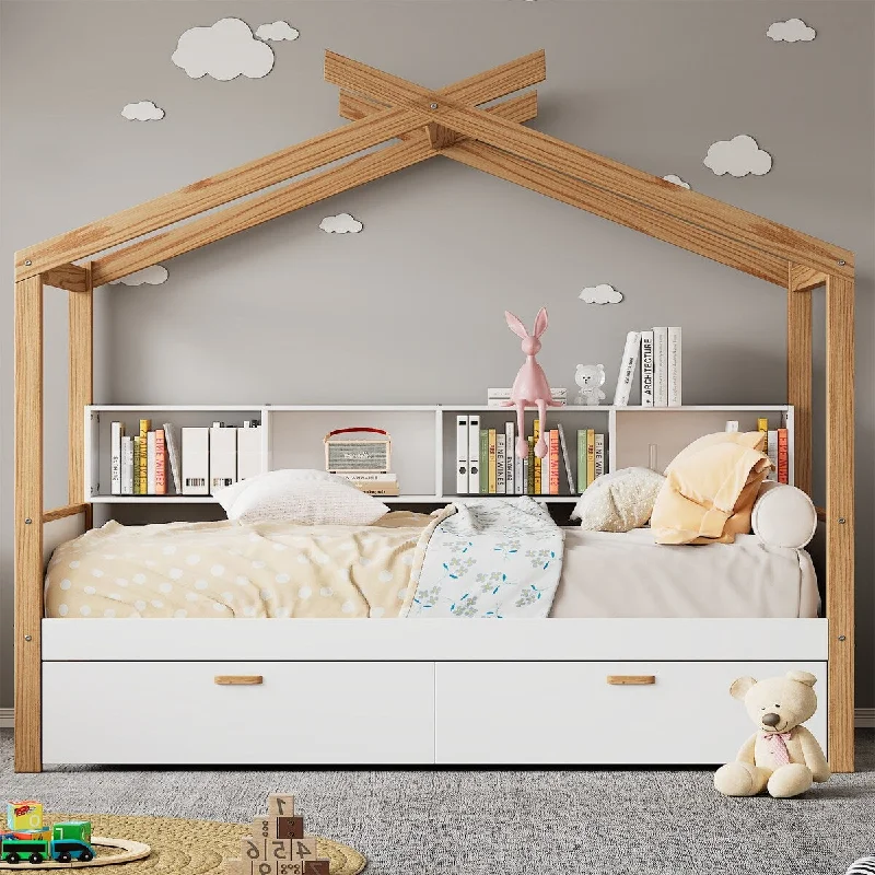 Full Kids Wooden House Bed Frame w/Bookshelf Storage Space & 2 Drawers