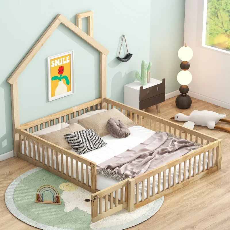 Full Size House-shaped Bed with Fence, Wooden Bed with Headboard, Platform Bed with Guardrail, Natural