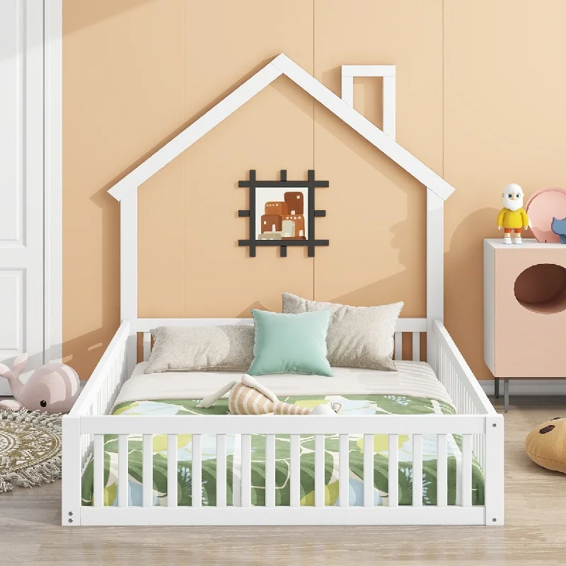 Full Size House Shaped Kids Platform Bed Frame with Guardrai, White