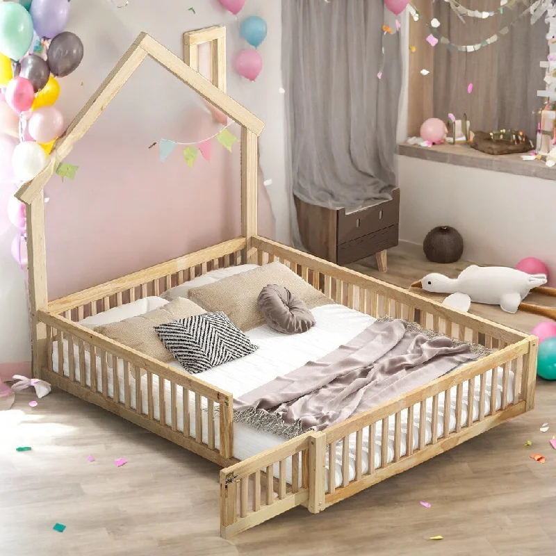 Full Size House Shaped Platform Bed with Guardrail, Safety Guaranteed Wooden Kids Bed Frame for Bedroom, Natural