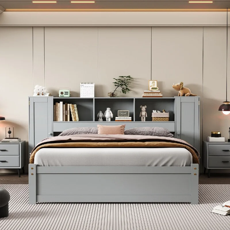 Full Size Platform Bed with Storage Headboard, Wooden Bed with Lockers, Gray