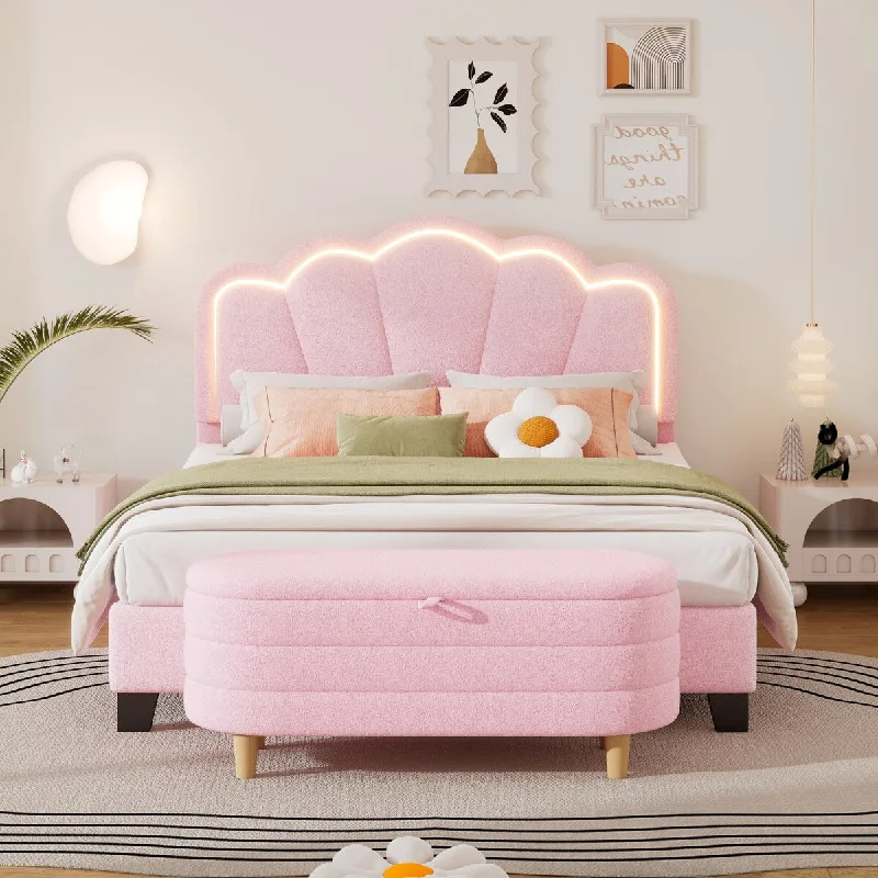 Full Size Upholstered Flower-Shape Bed with LED Light Strip & Ottoman,Sherpa Fabric Platform Bed with Wooden Slats Support,Pink