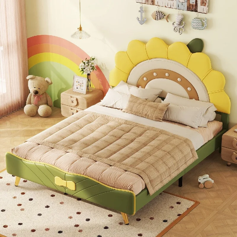 Full Sunflower Shaped Platform Bed,PU Leather Cute Bed Frame, Green