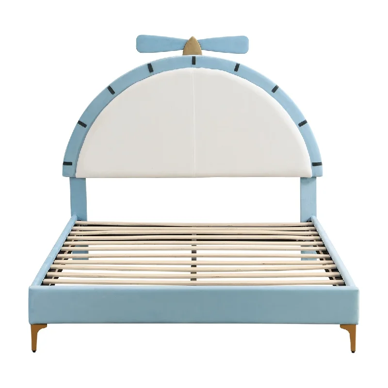 Full Velvet Platform Bed with Alarm Clock Shaped Headboard, Blue