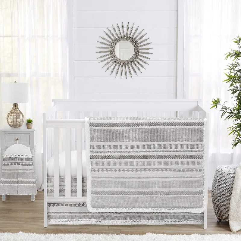 Grey Boho Tribal Bohemian Boy Girl Unisex Nursery Crib Bedding Set Jacquard Aztec Gender Neutral Modern Geometric Stripes Ivory