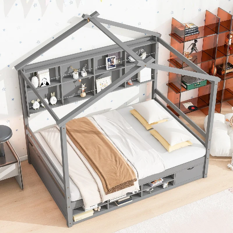 Grey House-Shaped Bed Playhouse Platform Daybed, Full Size Bed wMulti-Storage Shelves & Small Cabinet, Kids Roof Platform Bed