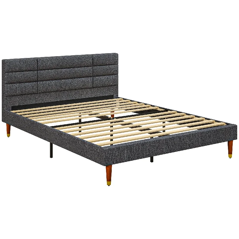 HOMCOM 5ft Upholstered King Bed Frame w/ Wooden Slat No Box Spring Needed