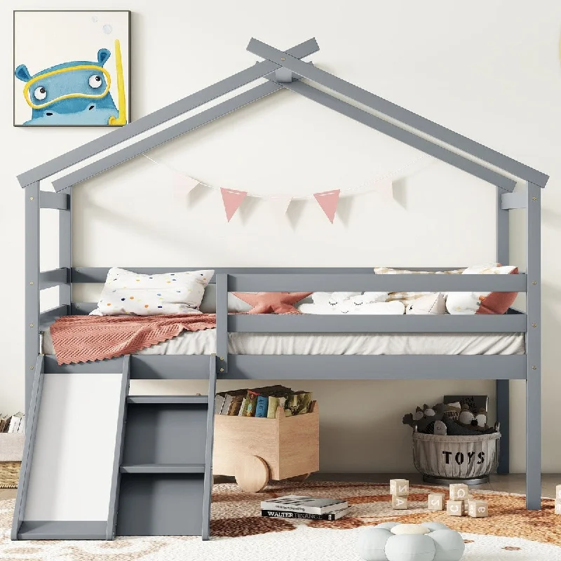 House Bed Loft Twin Platform Bed with Slide and Ladder, Kids House Playhouse Bed, Under Bed Storage Bed for Small Living Spaces