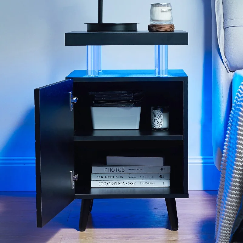 LED Nightstand LED Bedside Table End Tables with 4 Acrylic Columns, Bedside Table with Drawers