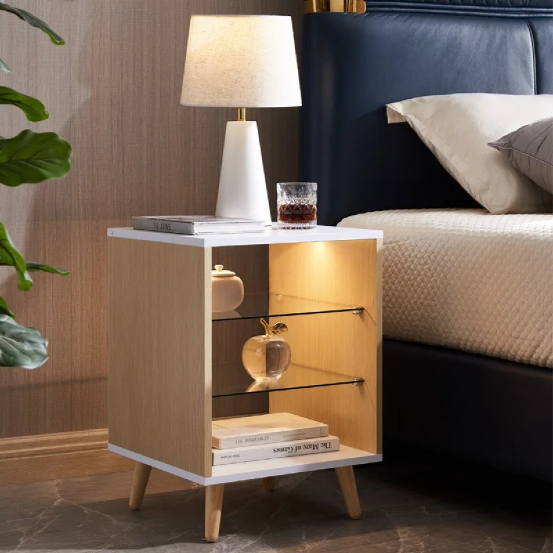 LED Nightstand with 2 Glass Shelves,Modern Bedside Table with 3 Color LED Lighting/Adustable Brightness