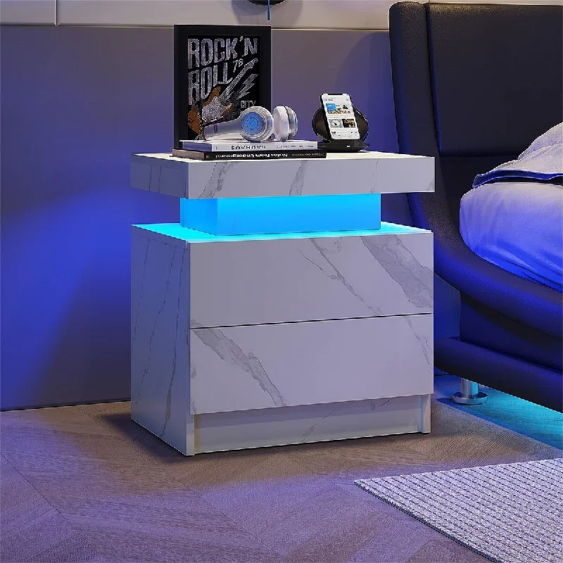 Modern LED Lights Bedside Table Nightstand with 2 Drawers