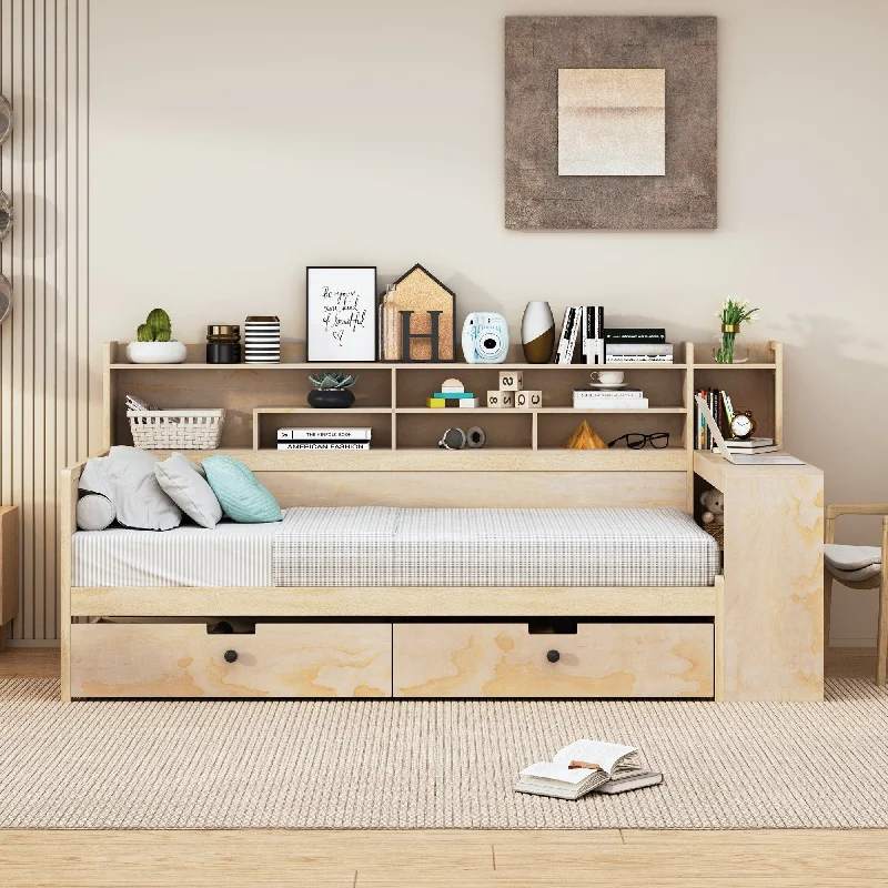 Natural Wood Platform Daybed w2 Storage Drawers&Shelves&Study Desk