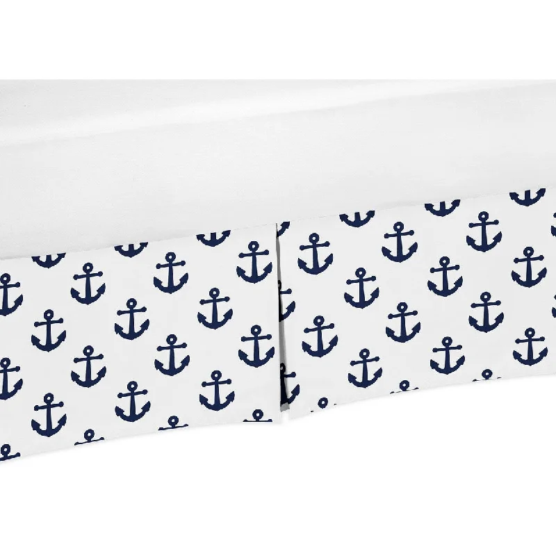 Navy Blue White Anchors Boy Girl Crib Bed Skirt - Nautical Theme Ocean Sailboat Sea Marine Sailor Anchor Unisex Gender Neutral