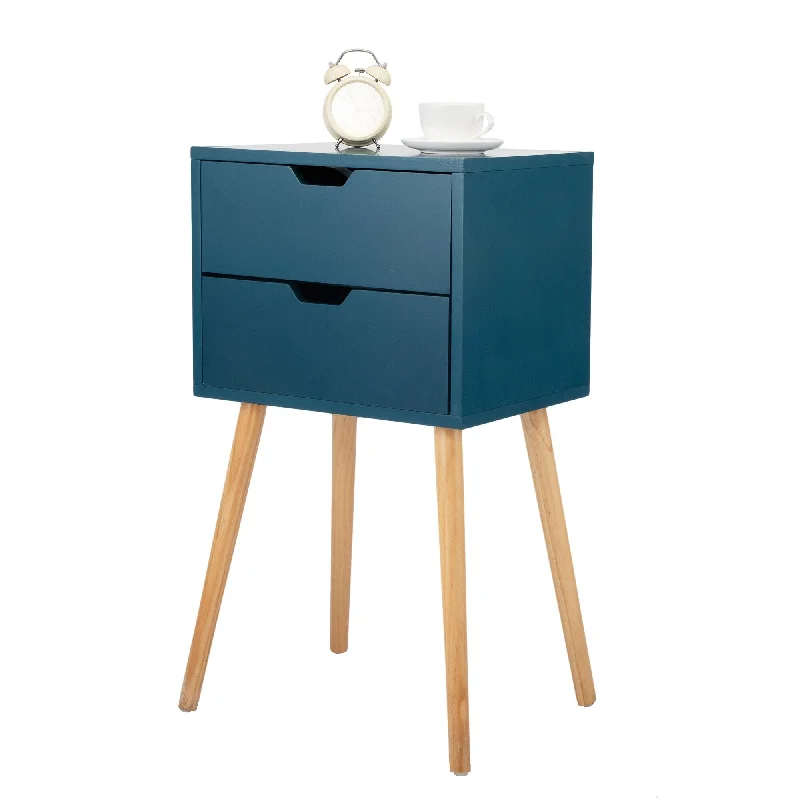 Nightstand Mid Century Bedside Table with 2 Drawers for Bedrooms Living Rooms, Solid Wood Legs Sofa Side End Table, Set of 2