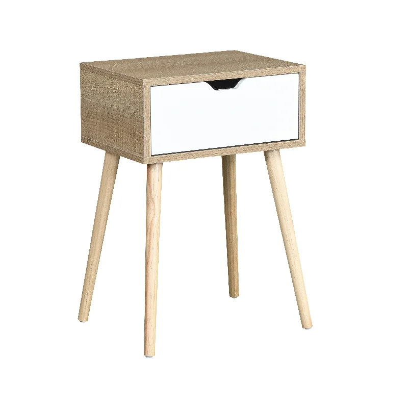 Nightstand with Drawer & Rubbe Wooden Legs, End Table White and Solid Wood Color, Mid-century Storage Cabinet Bedroom Furniture