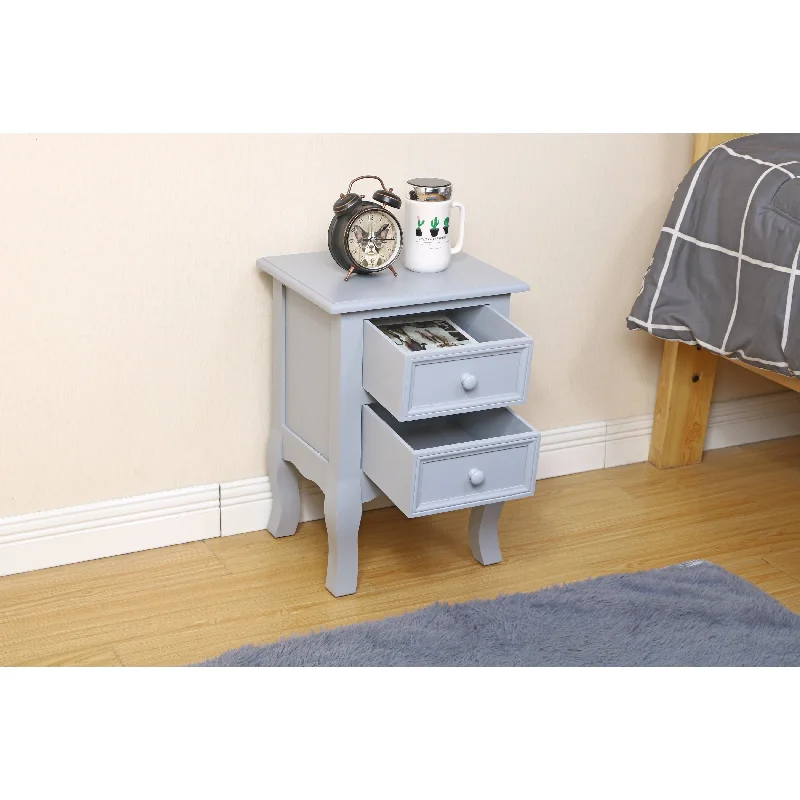 Nightstands Bedroom, Simple Wooden Bedside Table Night Stand with 2-drawers and Storage Basket, Household Telephone Table (Gray)