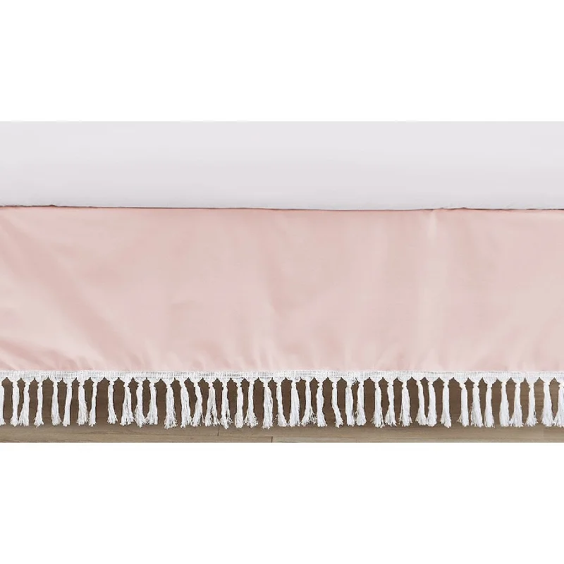 Pink Boho Bohemian Collection Girl Crib Bed Skirt - Solid Color Blush Pink White Farmhouse Chic Minimalist Tassel Fringe Macrame