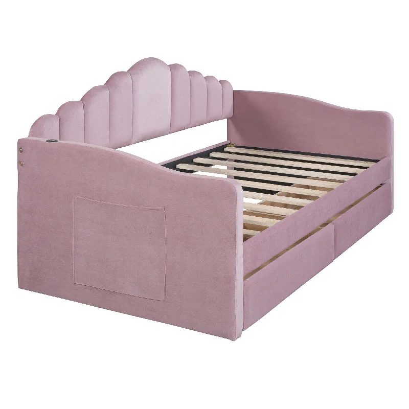 Pink Upholstered Bed/ Roll-out Trundle Drawers Storage Bed/ Sofabed