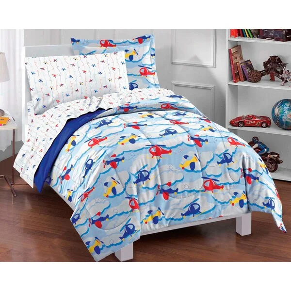 Planes and Clouds 5-piece Twin-size Bed in a Bag with Sheet Set - Blue