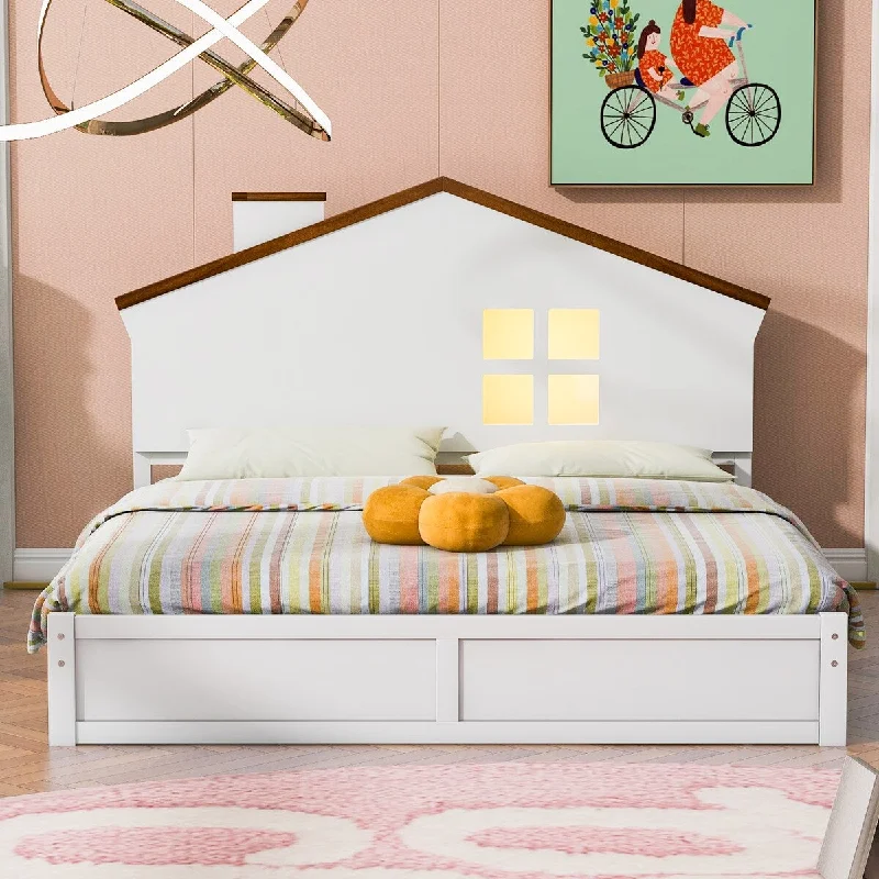 Platform Bed Frame with House-Shaped Headboard, Wood Kids Storage Bed with Built-in LED, Cute Single Bed, No Box Spring Needed