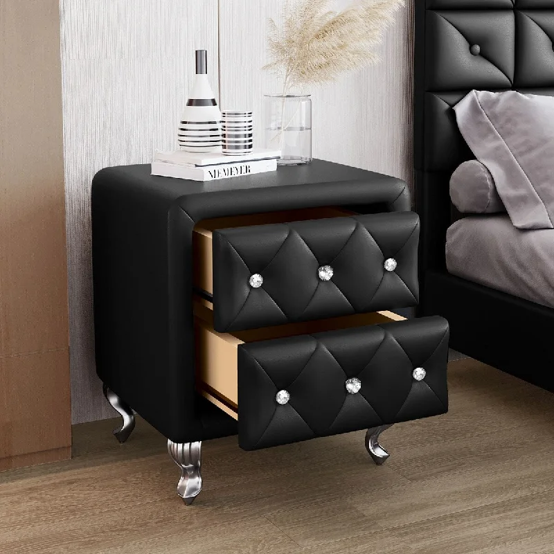 PU Nightstand with 2 Drawers and Crystal Handle,Storage Bedside Table with Metal Legs