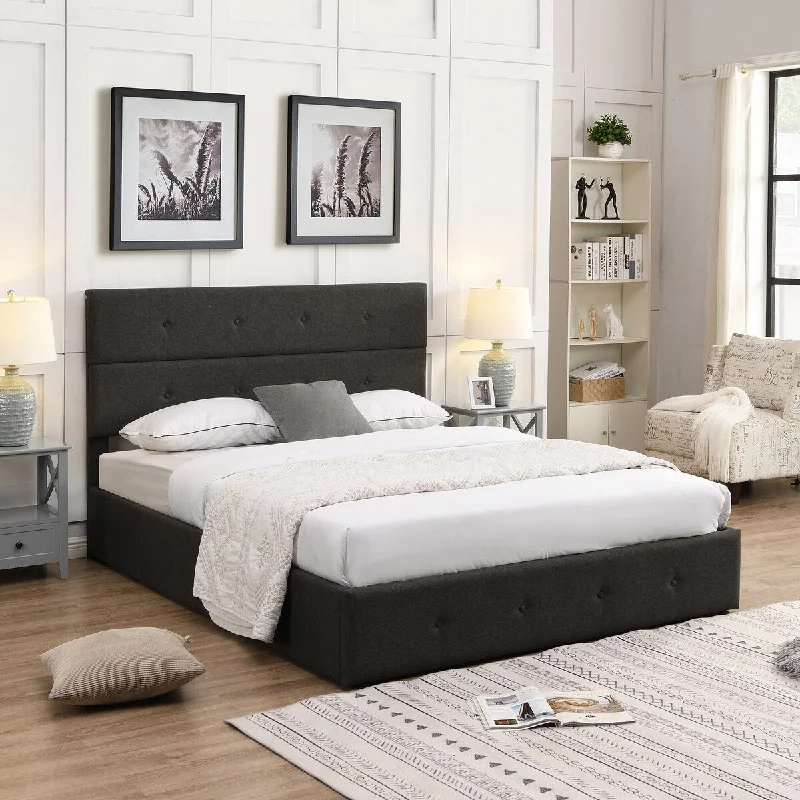 Queen Bed with Storage Underneath, Upholstered Platform Bed with Lift Up Storage and Button Headboard, Wooden Bed Frame, Gray