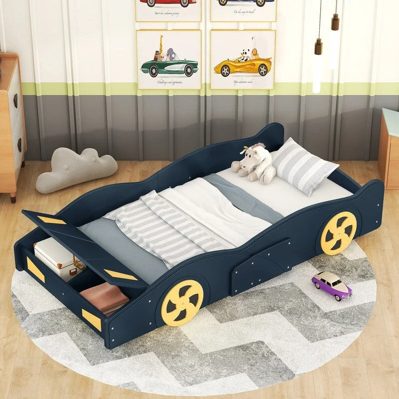 Race Car-Shaped Platform Bed,Kids' Bed with Wheels and Storage