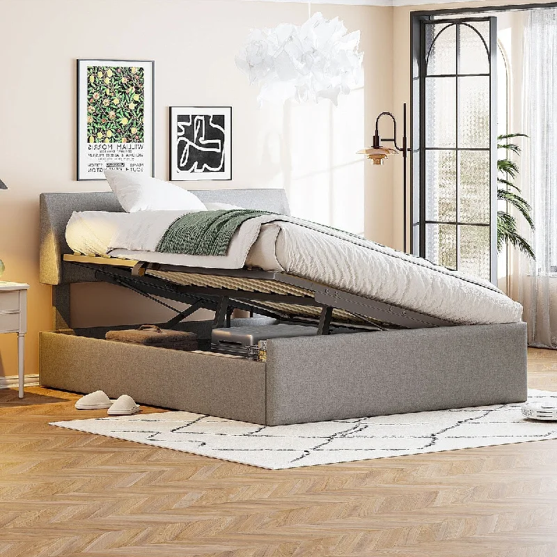 Roomfitters Sleigh Bed with Side-Tilt Hydraulic Storage System, Linen Upholstery, Gray