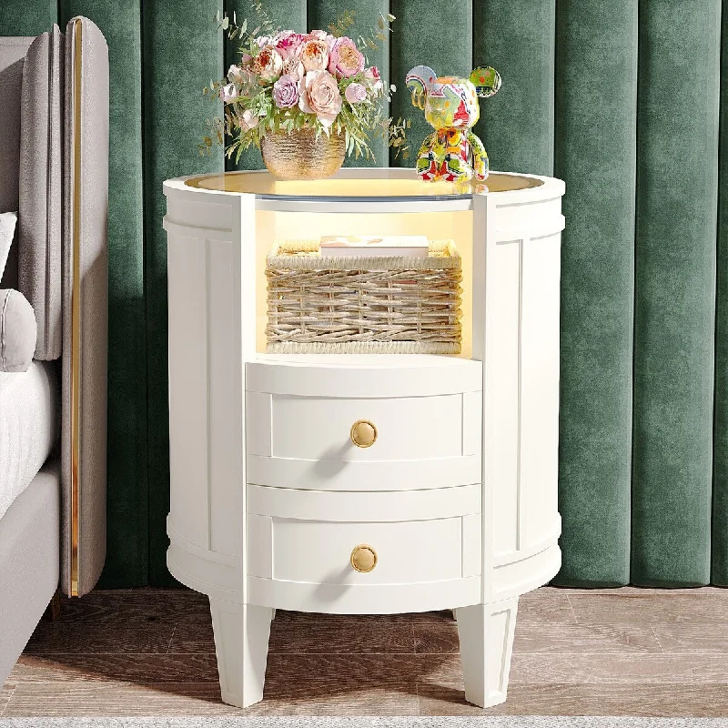 Round LED Bedside Table Nightstand with 2 Drawers and Open Shelf for Bedroom