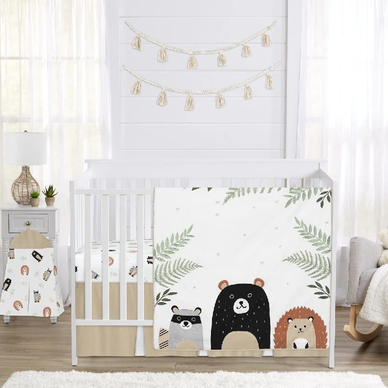 Sweet Jojo Designs Bear Raccoon Forest Animal Woodland Pals Collection 4-piece Nursery Crib Bedding Set - Beige Green Black Grey