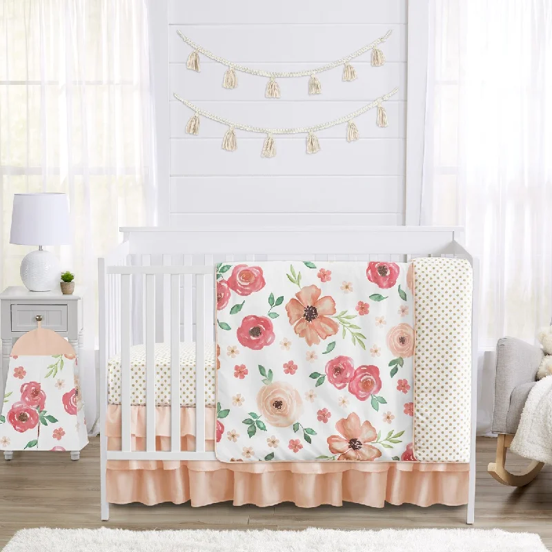 Sweet Jojo Designs Peach and Green Shabby Chic Watercolor Floral Collection Girl 4-piece Crib Bedding Set