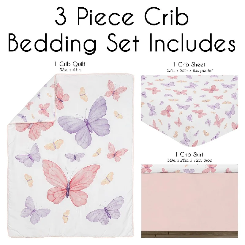 Sweet Jojo Designs Pink and Purple Shabby Chic Butterfly Girl 3p Nursery Crib Bedding Set Yellow Colorful Pastel Watercolor