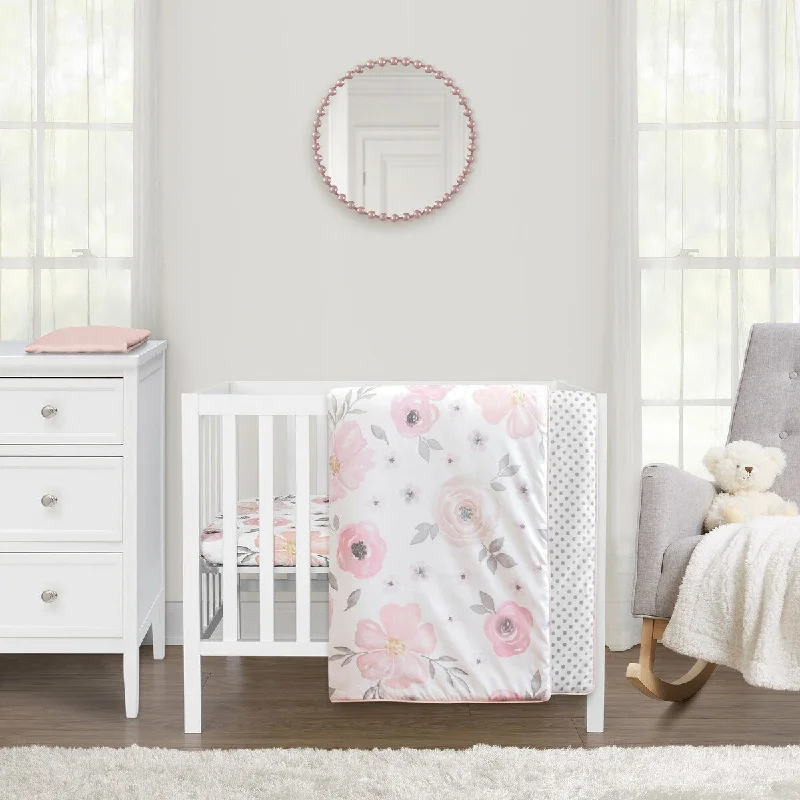 Sweet Jojo Designs Pink Watercolor Floral Girl 3pc Mini Crib Bedding Set White Shabby Chic Polka Dot Boho Bohemian Farmhouse