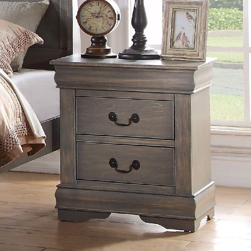 Traditional Nightstand With 2 Drawers In Antique Gray Finish Brush Nickel Metal Hardware Dt French Back