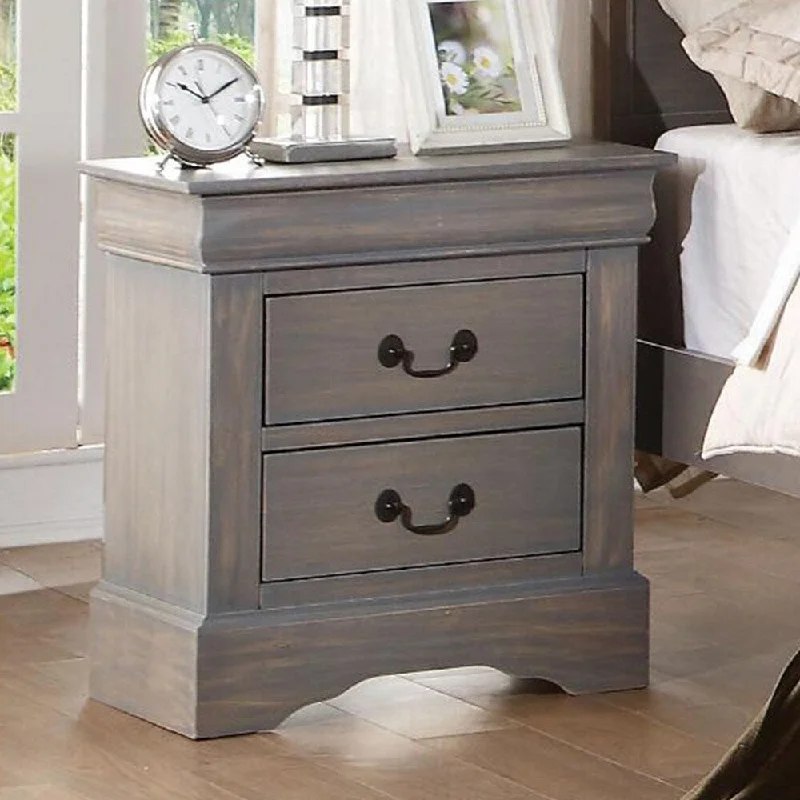 Traditional Style Solid Pinewood Nightstand with 2 Drawers in Antique Gray Wood Veneer (Gum)