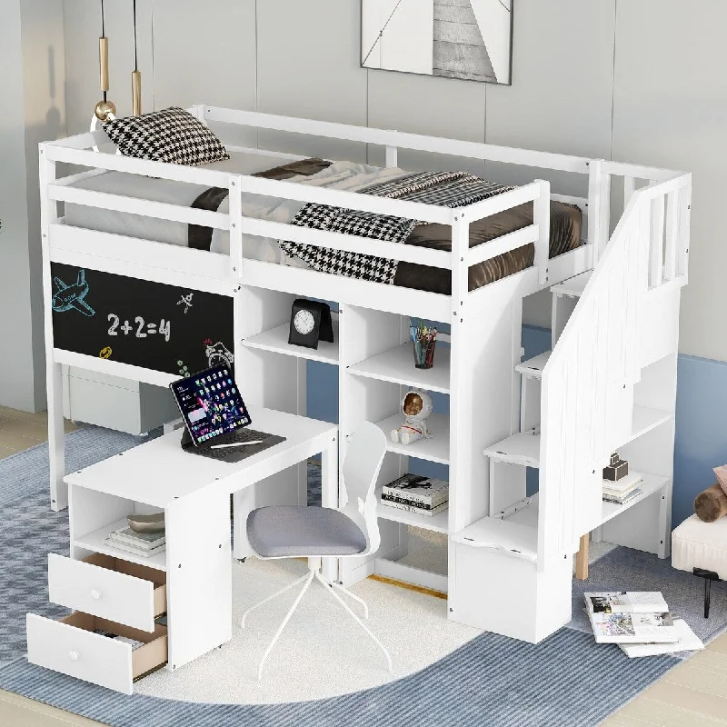 Twin Loft Bed Frame w/ Pullable Desk & Storage Shelves, Staircase, Blackboard for Kids Teens, No Box Spring Needed, White