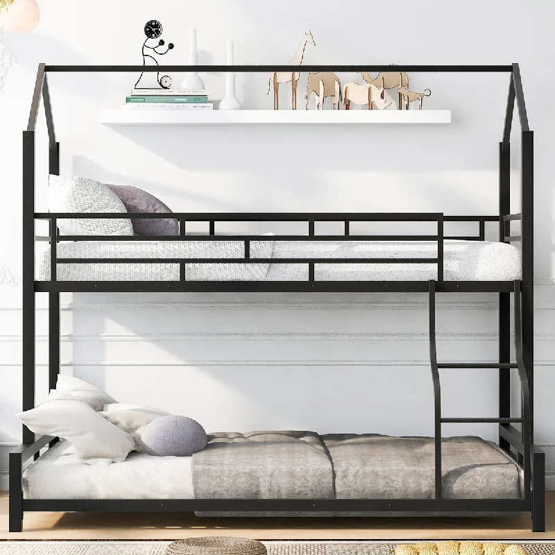 Twin Over Full Bunk Bed, Metal House Bed, Convertible to 2 Beds, Black