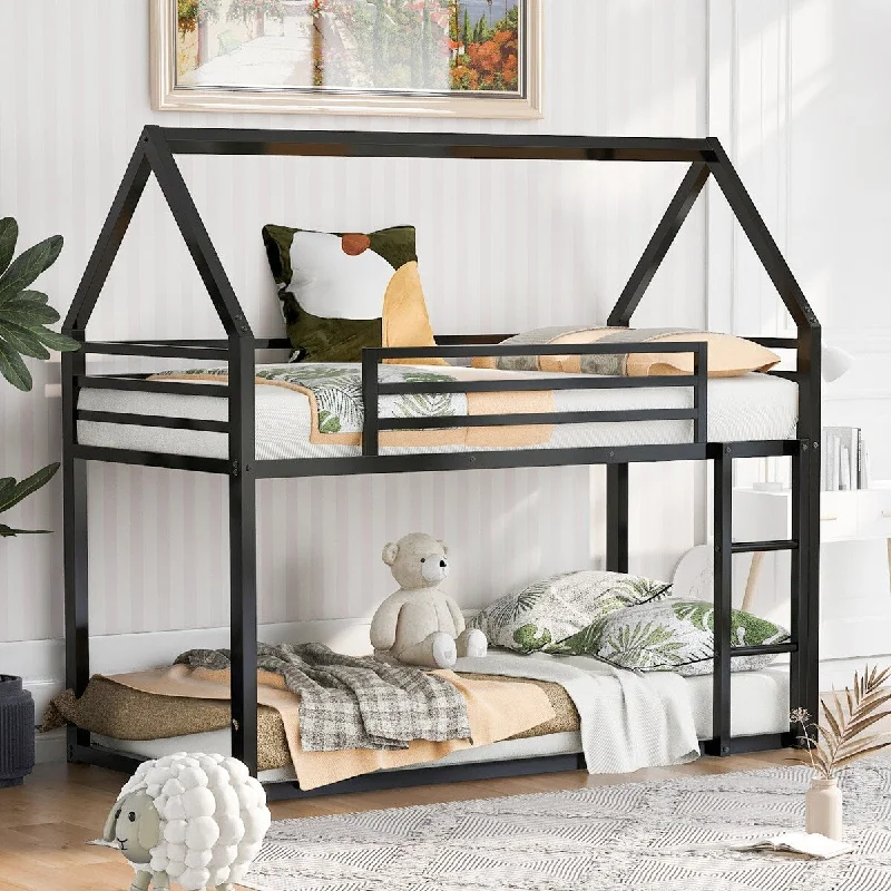 Twin Over Twin Bunk Bed with Built-in Ladder, Metal House Bunk Bed Frame with Guardrail & Roof for Kids Girls Boys Teen, Black