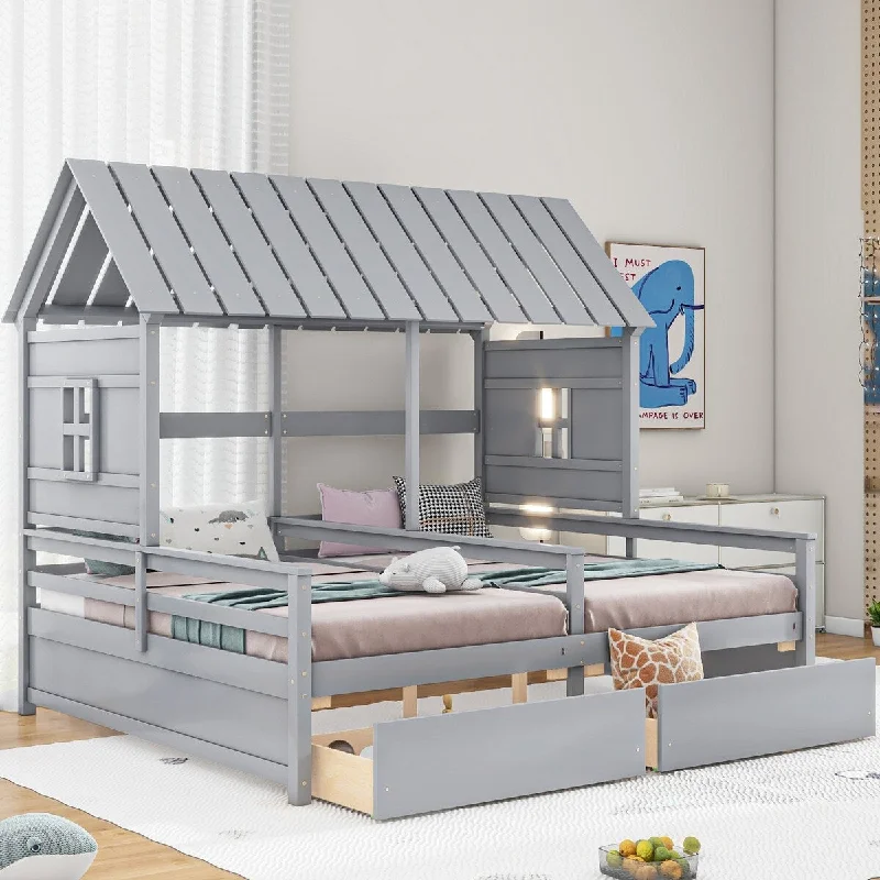 Twin Size House Platform Beds, Double Shared Bed w/2 Drawers, Combination of 2 Side by Side Twin Size Beds for Boy and Girl,Gray