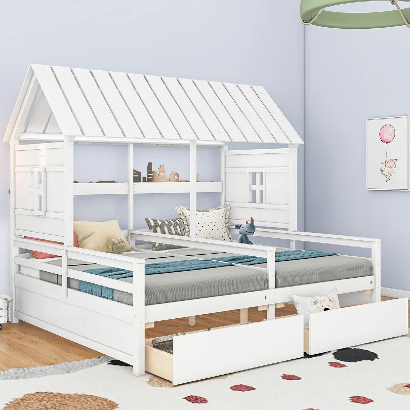 Twin Size House Platform Beds, Double Shared Bed w/2 Drawers,Combination of 2 Side by Side Twin Size Beds for Boy and Girl,White