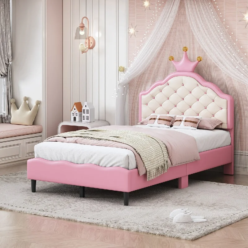 Twin Size Lovely Crown Fantasy PU Leather Princess Bed with Tufted Headboard, Platform Bed Frame with Wood Slat Support