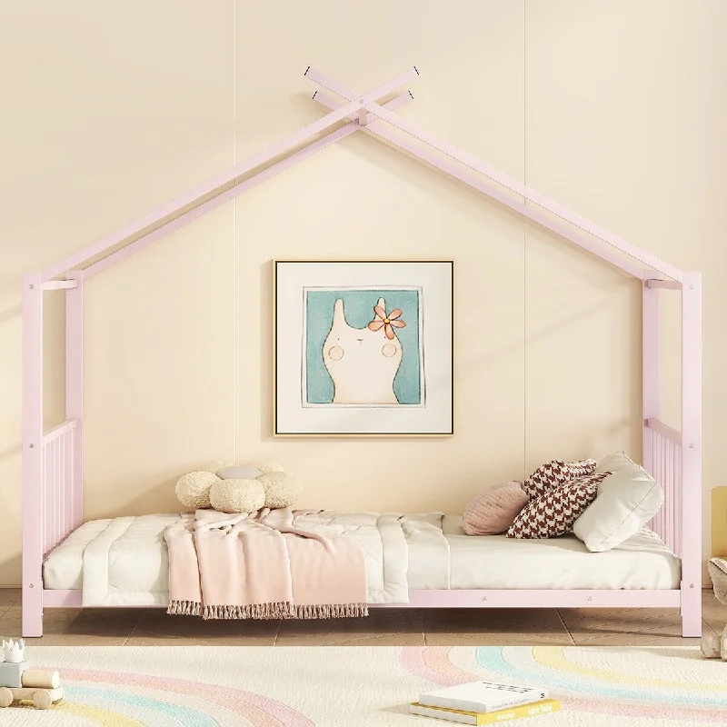 Twin Size Metal House Platform Bed Frame with Roof for Kids, Pink