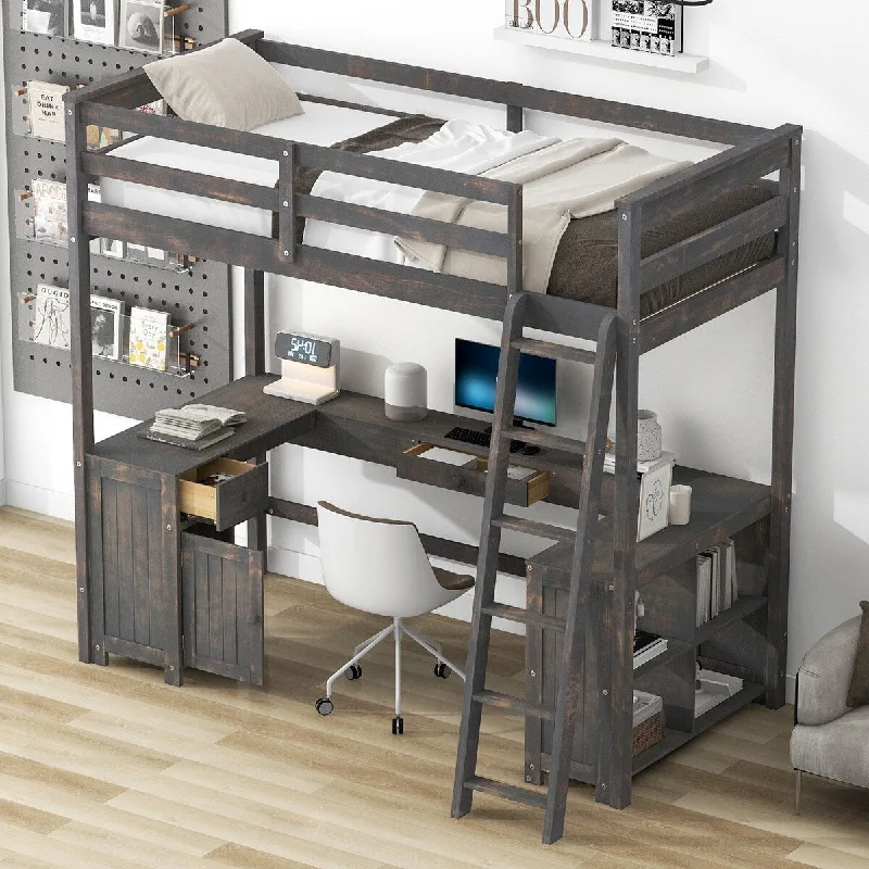 Twin Size Solid Wood Loft Bed with U-Shaped Desk, Loft Bed Frame w/Drawers & Storage Shelves for Kids Teens Adults,Antique Brown