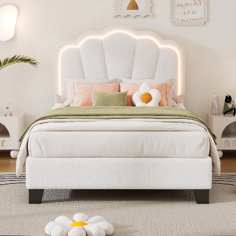 Twin Size Upholstered Flower-Shape Bed with LED Light Strip, Sherpa Fabric Platform Bed with Wooden Slats Support